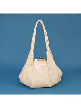 VTG HOBO Blanche Bag Beige Glazed Nappa Leather Fortune Cookie Frame Satchel Y2K
